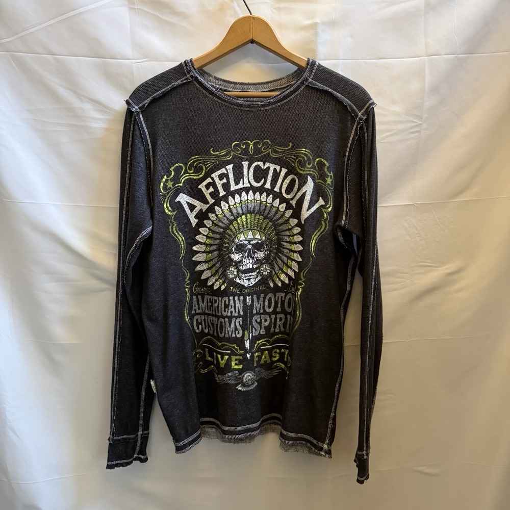 Affliction Reversible Thermal Shirt Mens M‎ Green Black Skull Motor Y2K Grunge
